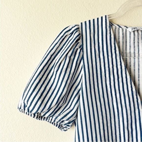Zara Cotton Linen V Neck Striped Tiered Mini Dress - Picture 4 of 10